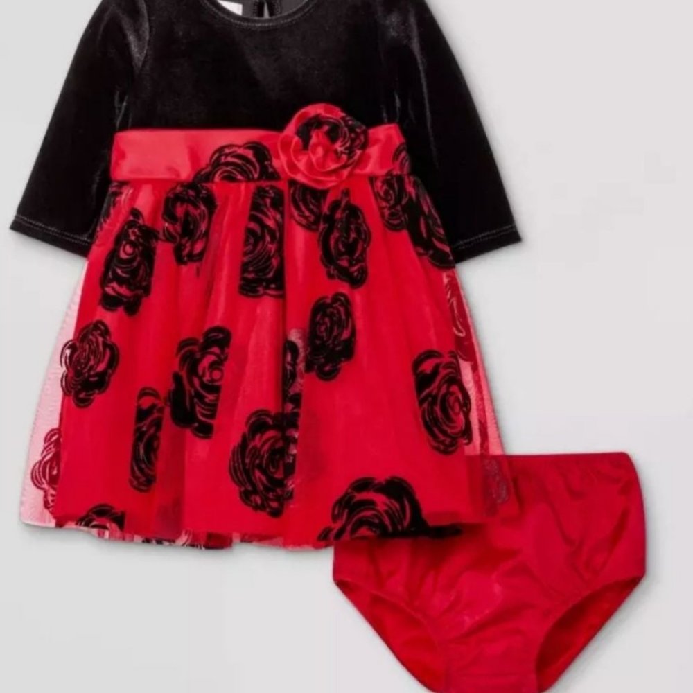 Mia & Mimi Baby Girls' Floral Velvet Dress - Red